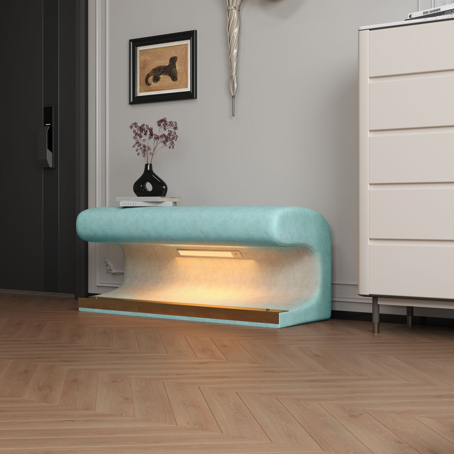 Upholstered Ottoman With LED Sensor Light Ideal For Living Room, End Of Bed - Antique Blue Green