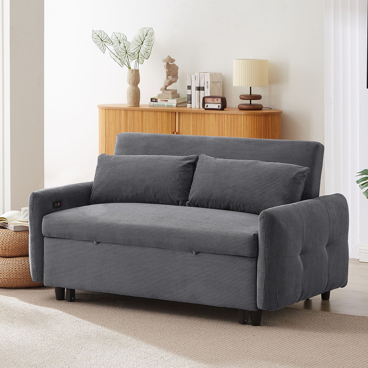 Pull Out Sofa Bed Convertible Couch 2 Seat Loveseat Sofa Modern Sleeper Sofa With 2 Throw Pillows And USB Ports For Living Room - Dark Gray
