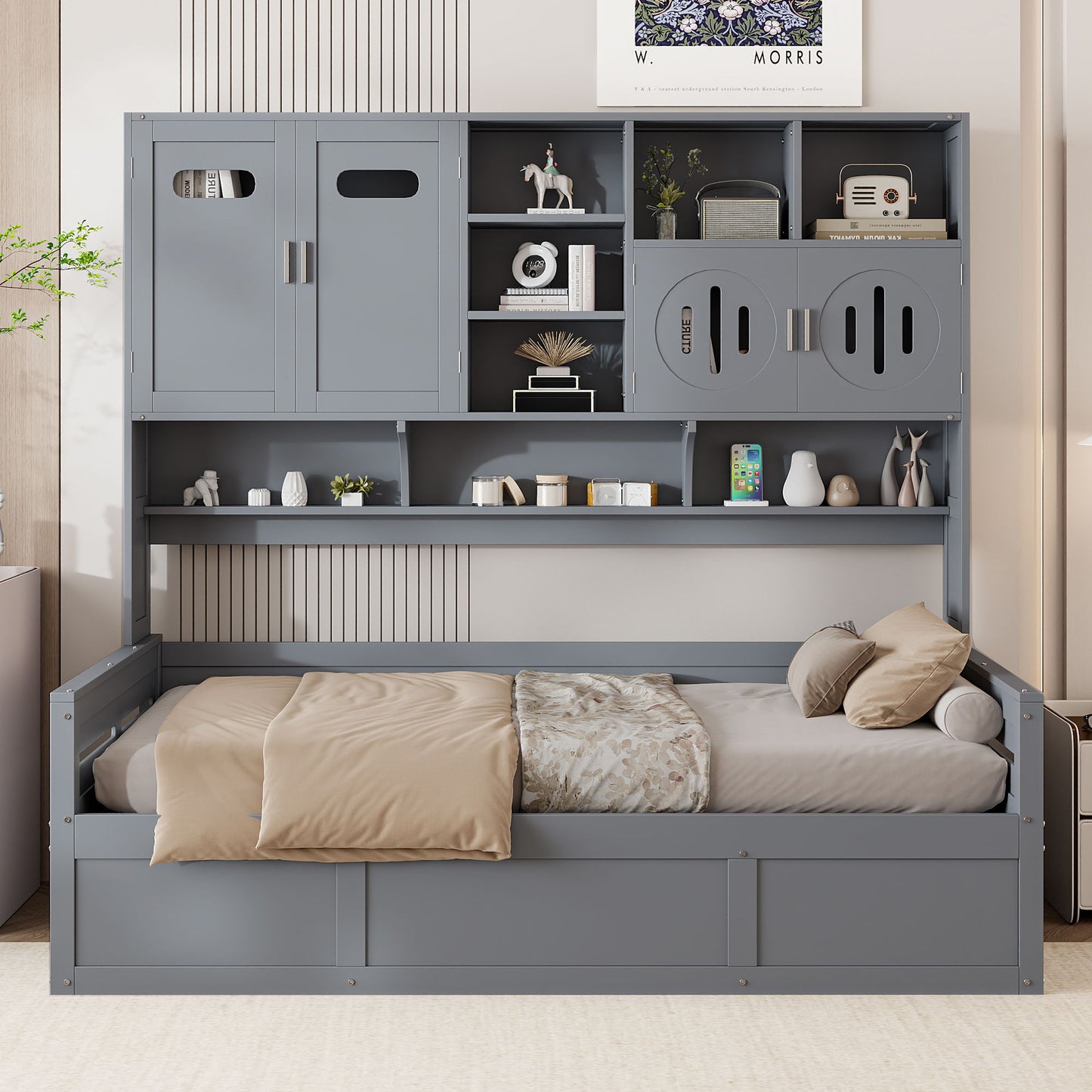 Twin Size Wooden Daybed With Hydraulic Bed And All In One Cabinet And Shelf - Gray