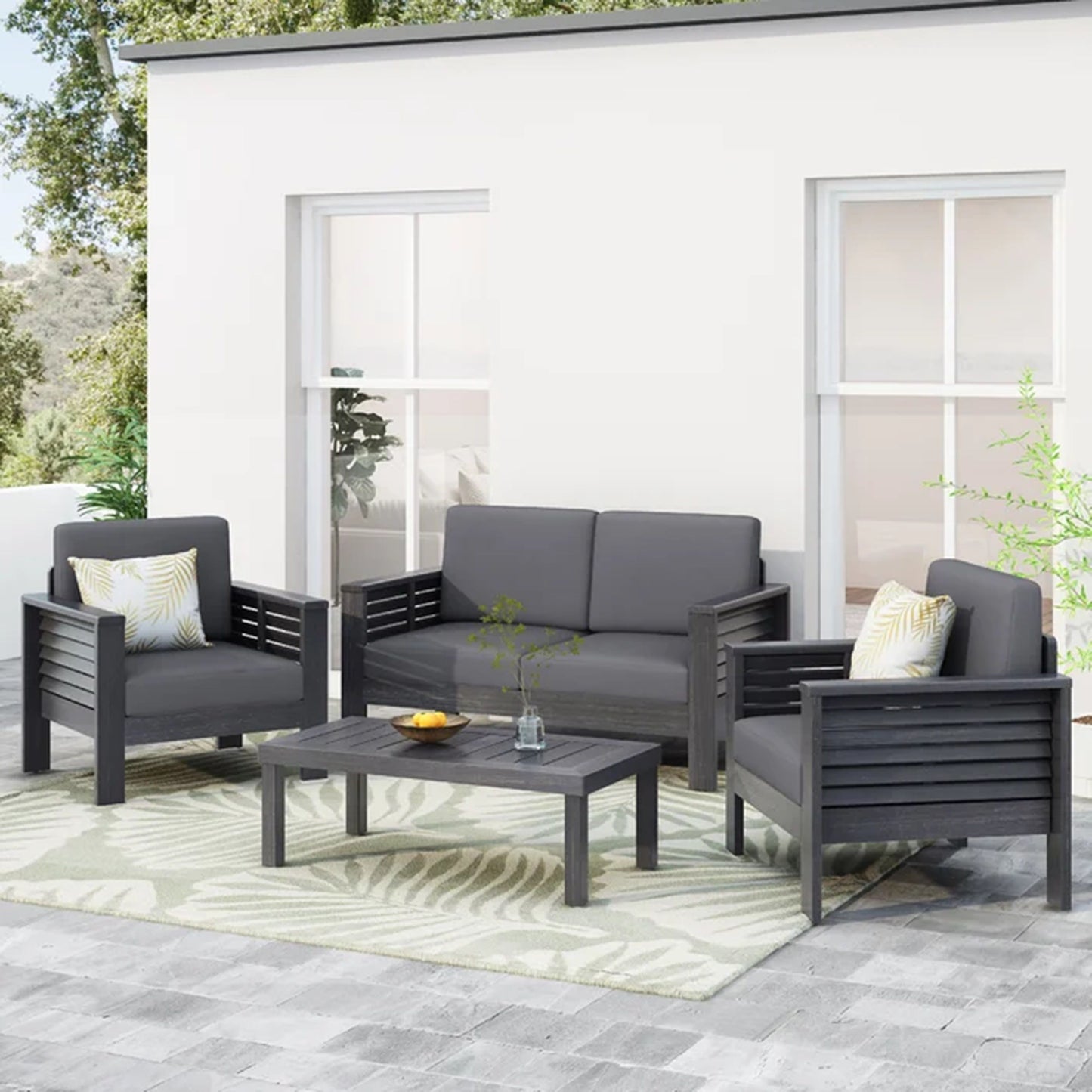 Acacia Wood Loveseat And Coffee Table Set With Cushions - Gray