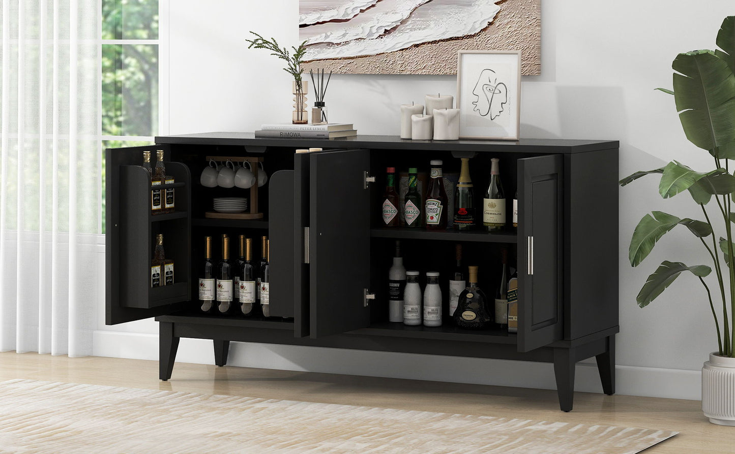 4 Door Sideboard Storage Cabinet With Door Shelf For Living Room And Dining Room, 2 Large Cabinets With Adjustable Shelf - Black