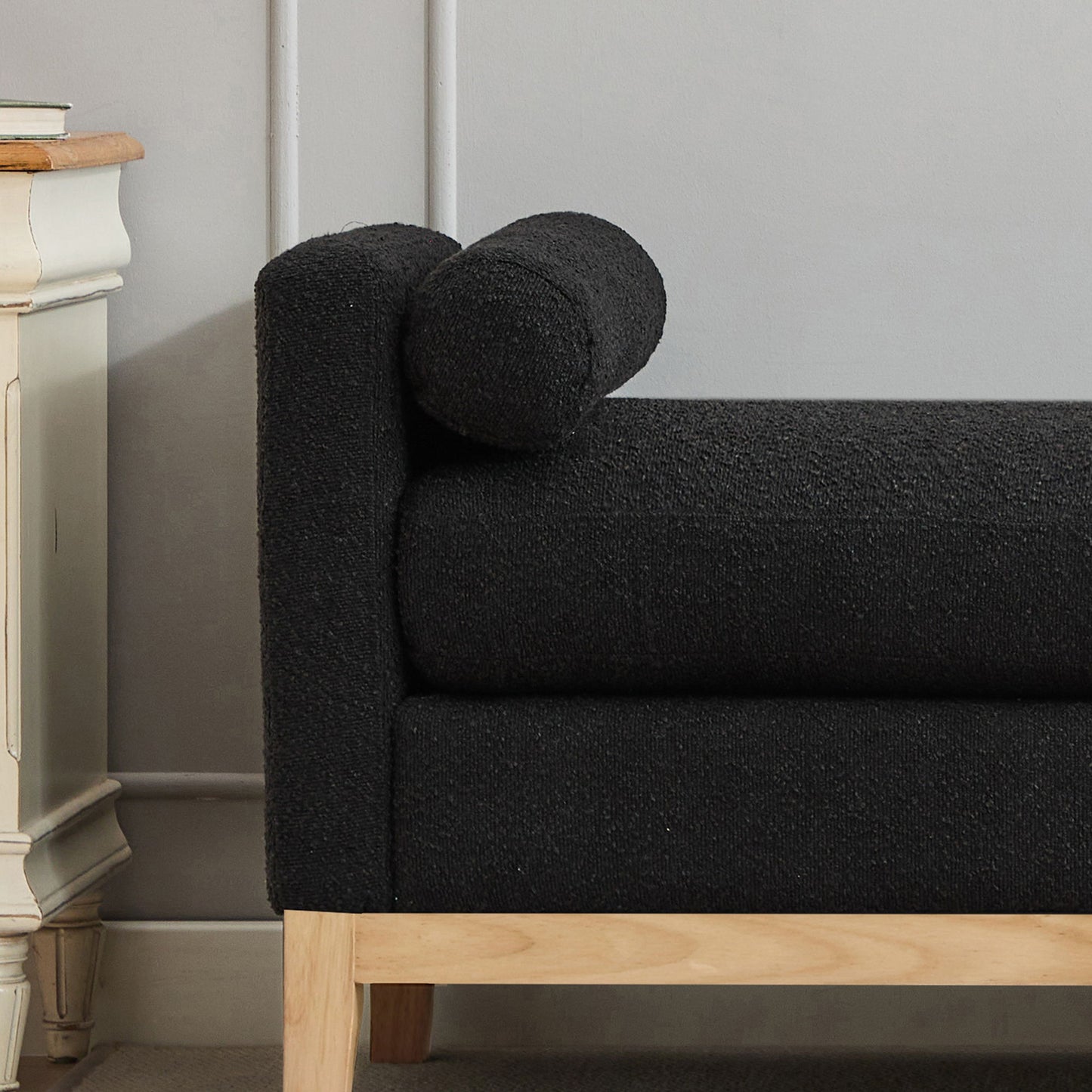 Elegant Upholstered Bench Daybed Ottoman With Nature Wood Legs & Bolster Pillows - Black Boucle