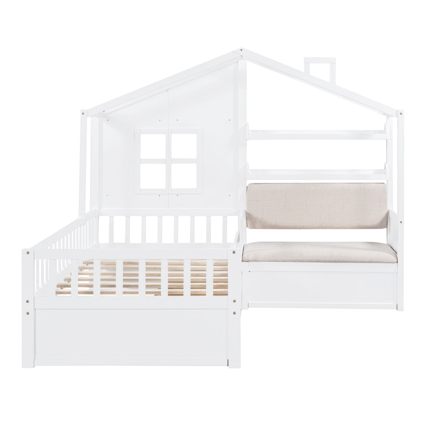 Twin Size House Bed With Sofa, Kids Platform Bed With 2 Drawers And Storage Shelf - White
