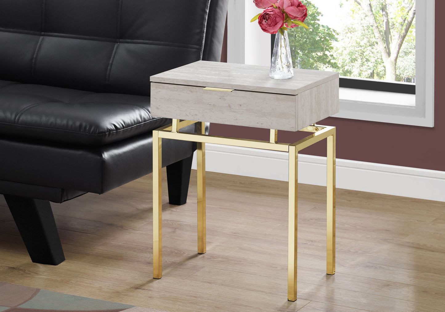 Accent Side Table, Storage Drawer, Marble Look - Beige