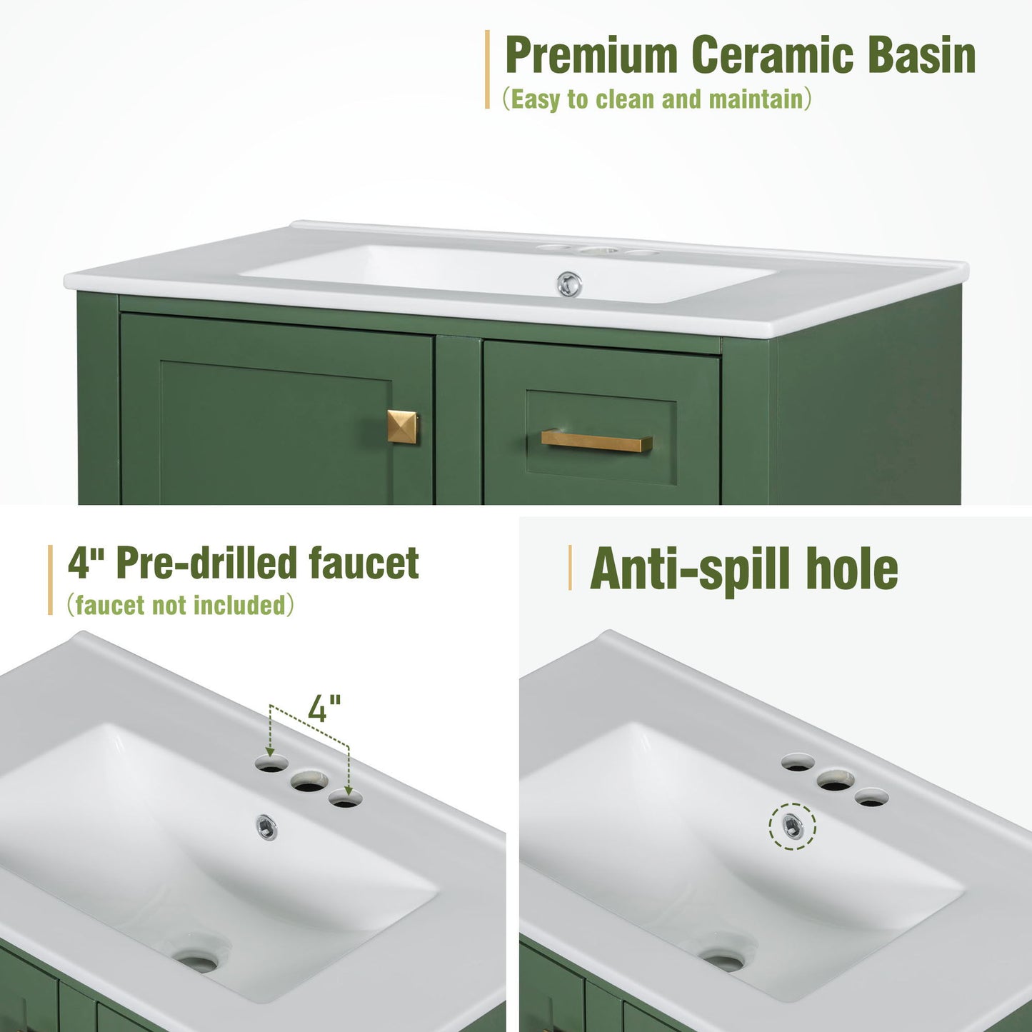 Bathroom Vanity, Modern Bathroom Cabinet With Sink Combo Set, Bathroom Storage Cabinet With A Soft Closing Door And 3 Drawers, Solid Wood Frame - Green