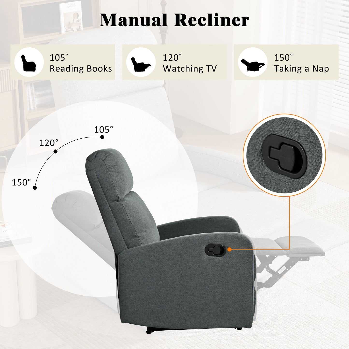 Modern Manual Recliner, Home Theater Chair With Adjustable Backrest For Living Room - Charcoal