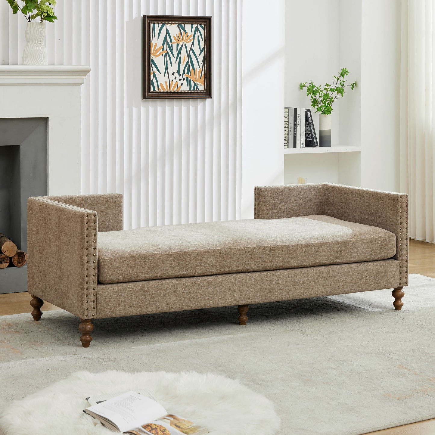 Upholstered Chaise Lounge Indoor With Nailheads, Sleeper Sofa Couch With 4 Throw Pillows & 2 Bolsters, Daybed With Rubberwood Legs - Taupe