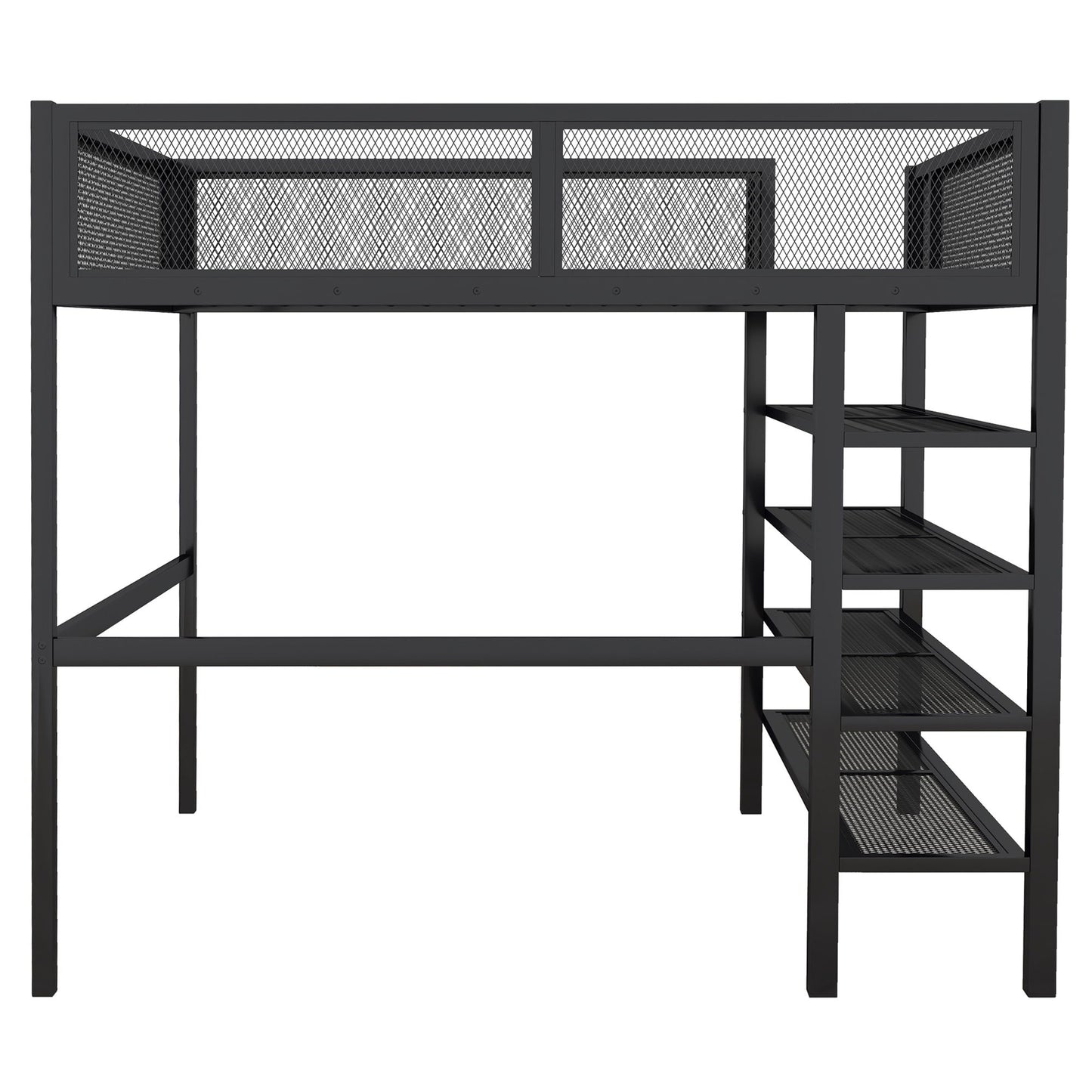 Full Size Loft Bed With 4 Tier Shelves And Storage - Black