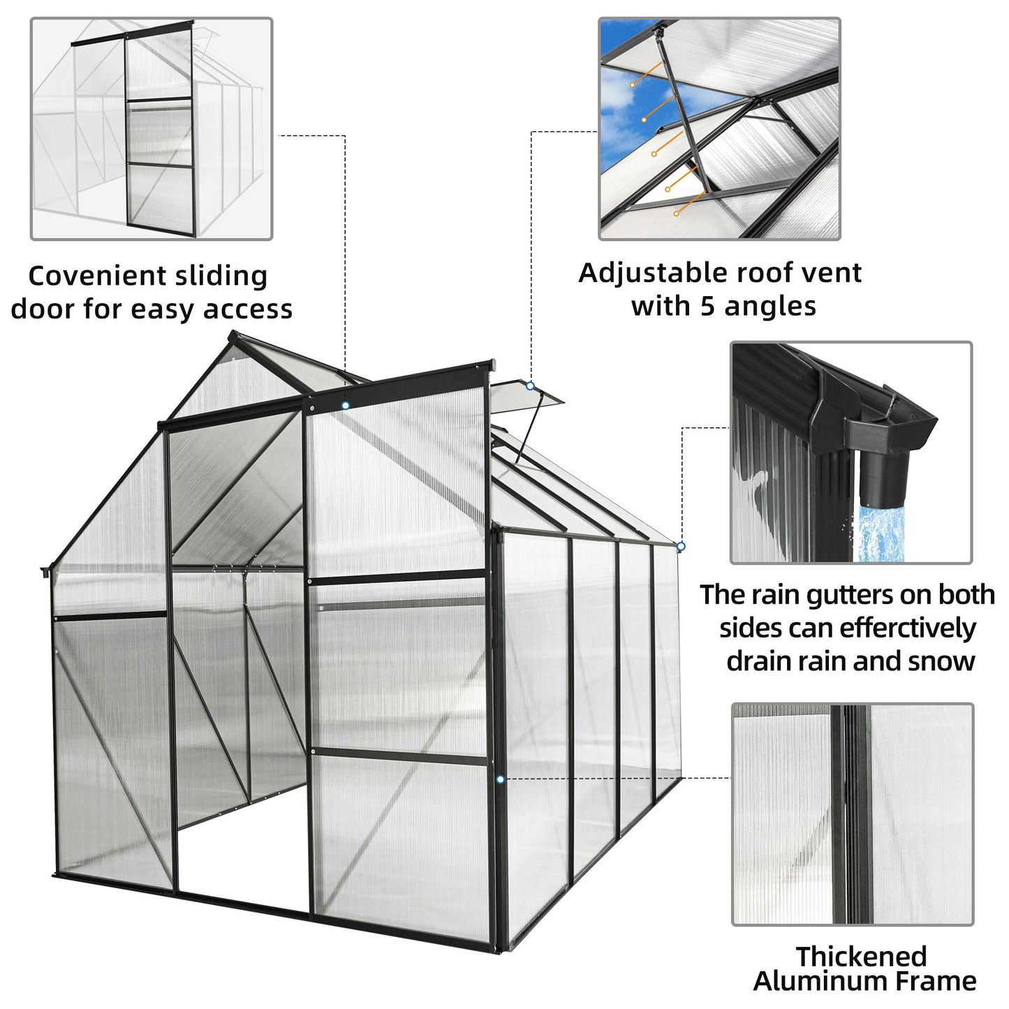 6X8 Ft Polycarbonate Greenhouse Raised Base And Anchor Aluminum Heavy Duty Walk-In Greenhouses For Outdoor Backyard In All Season - Black