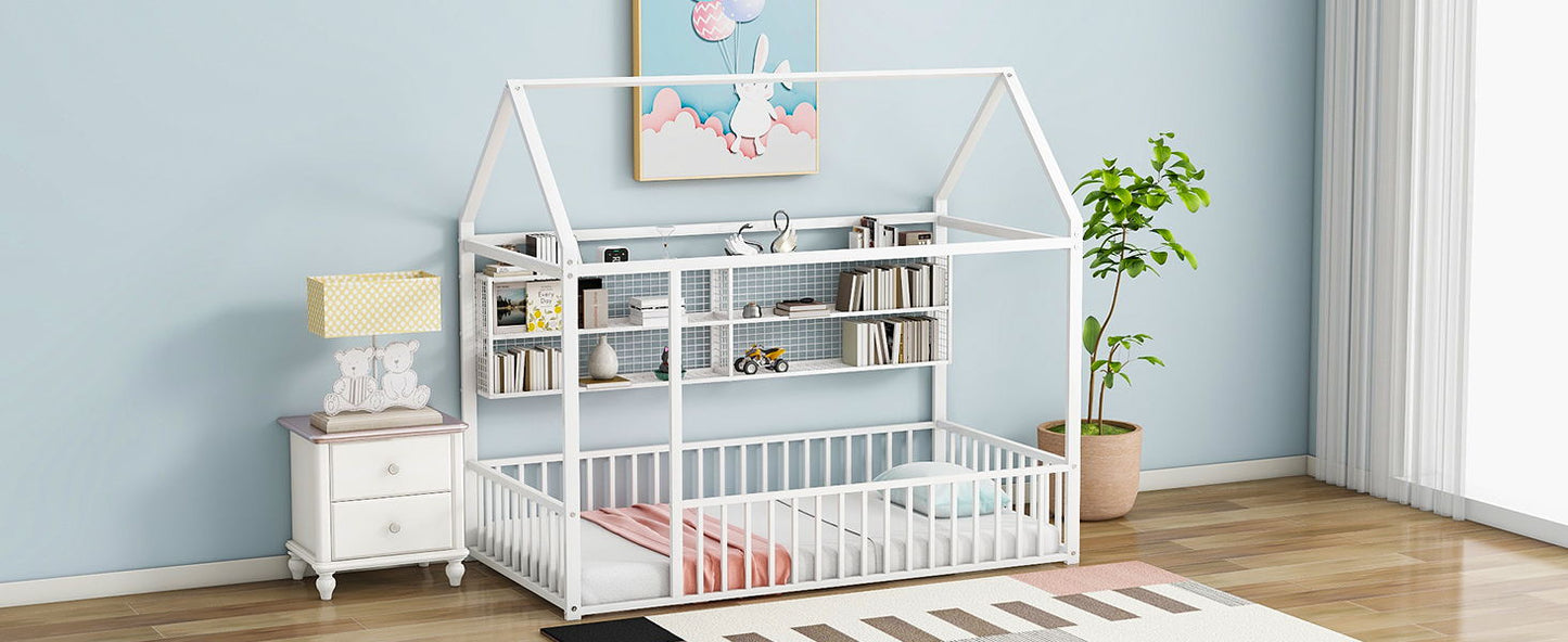 Twin Size Bed House Frame With Fence And Shelves - White