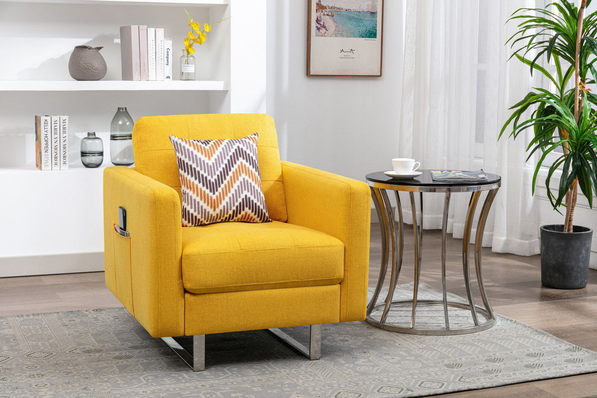 Victoria - Linen Fabric Armchair With Metal Legs, Side Pockets, And Pillow - Yellow