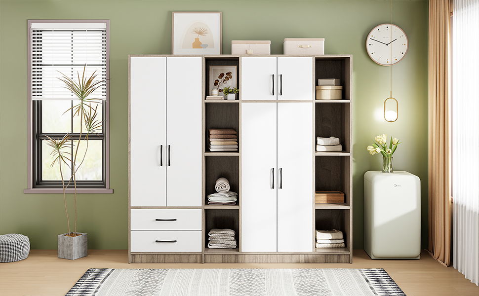 6 Door Wardrobe With Shelves And Drawers - Natural