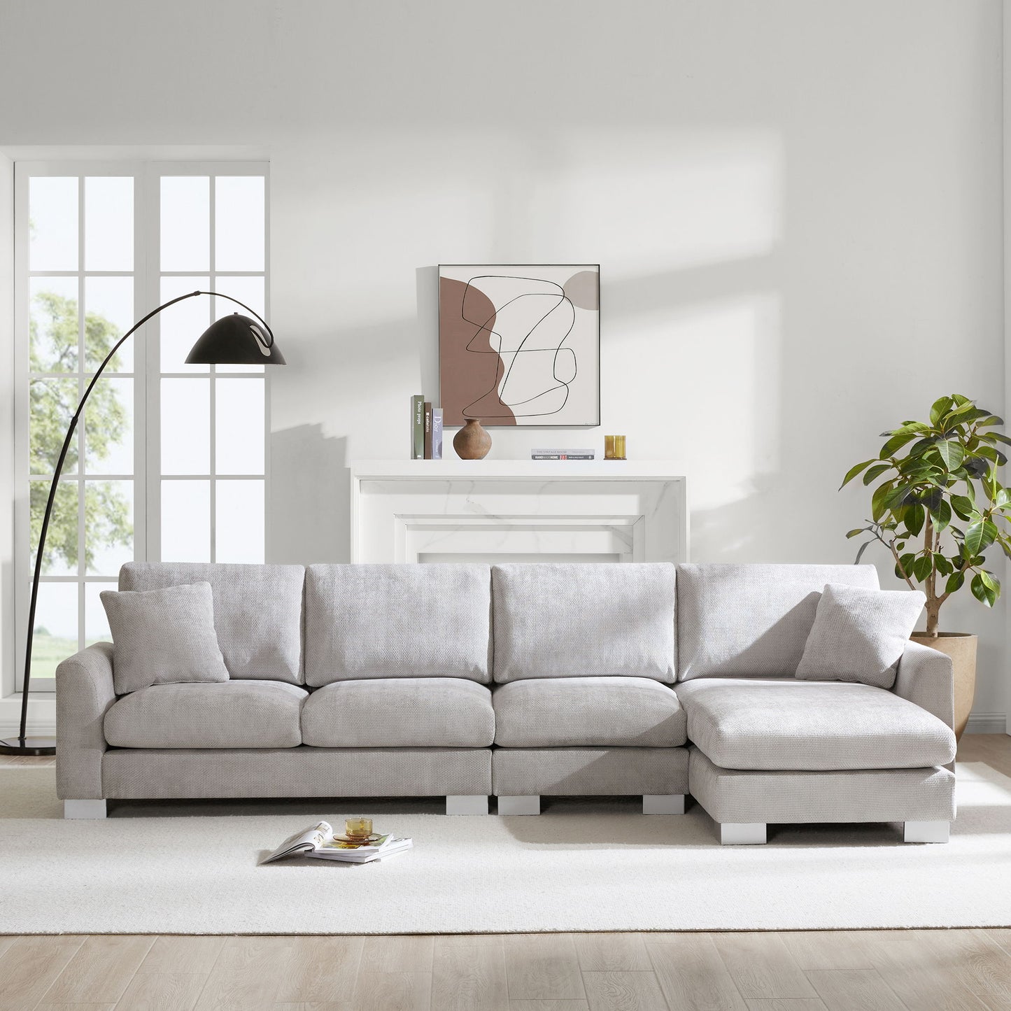 Modern Oversized Sectional Sofa, L-Shaped Luxury Couch Set With 2 Free Pillows, 5 Seat Chenille Indoor Furniture With Chaise - Light Gray