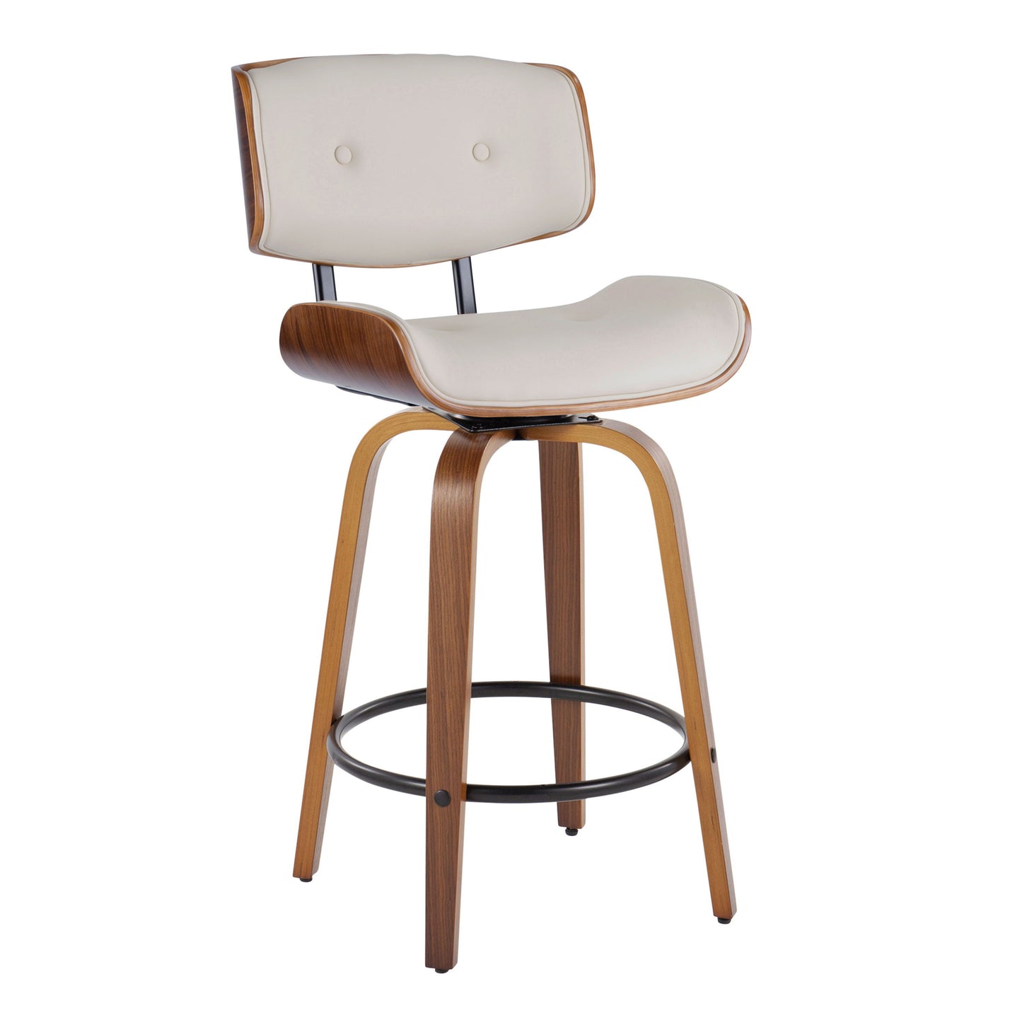 Lombardi - Mid-Century Modern Fixed Height Counter Stool With Swivel With Round Footrest (Set of 2) - Walnut / Cream