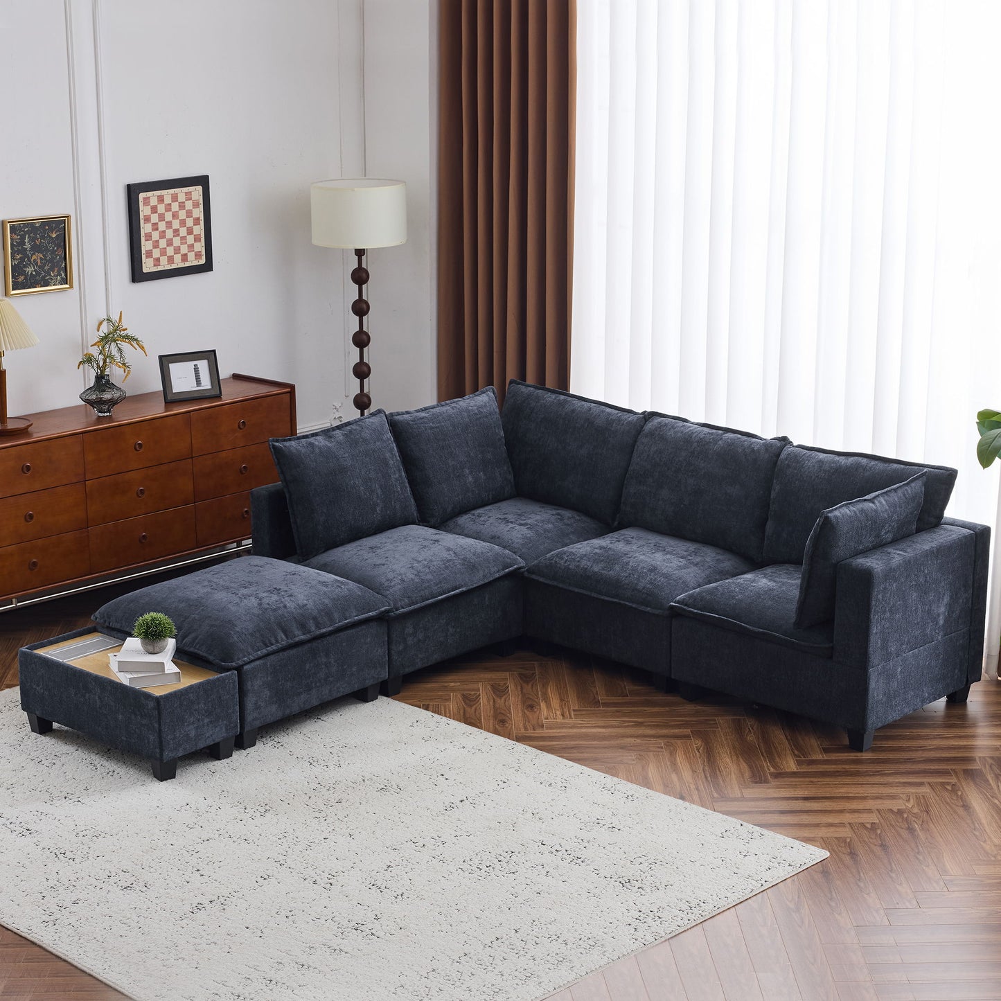 U - Shaped Sectional Sofa Modular Sofa Couch With A Movable Ottoman, A Coffee Table With Hidden Charging Devices For Living Room - Blue