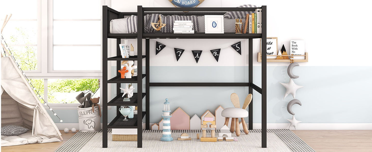 Full Size Loft Bed With 4 Tier Shelves And Storage - Black