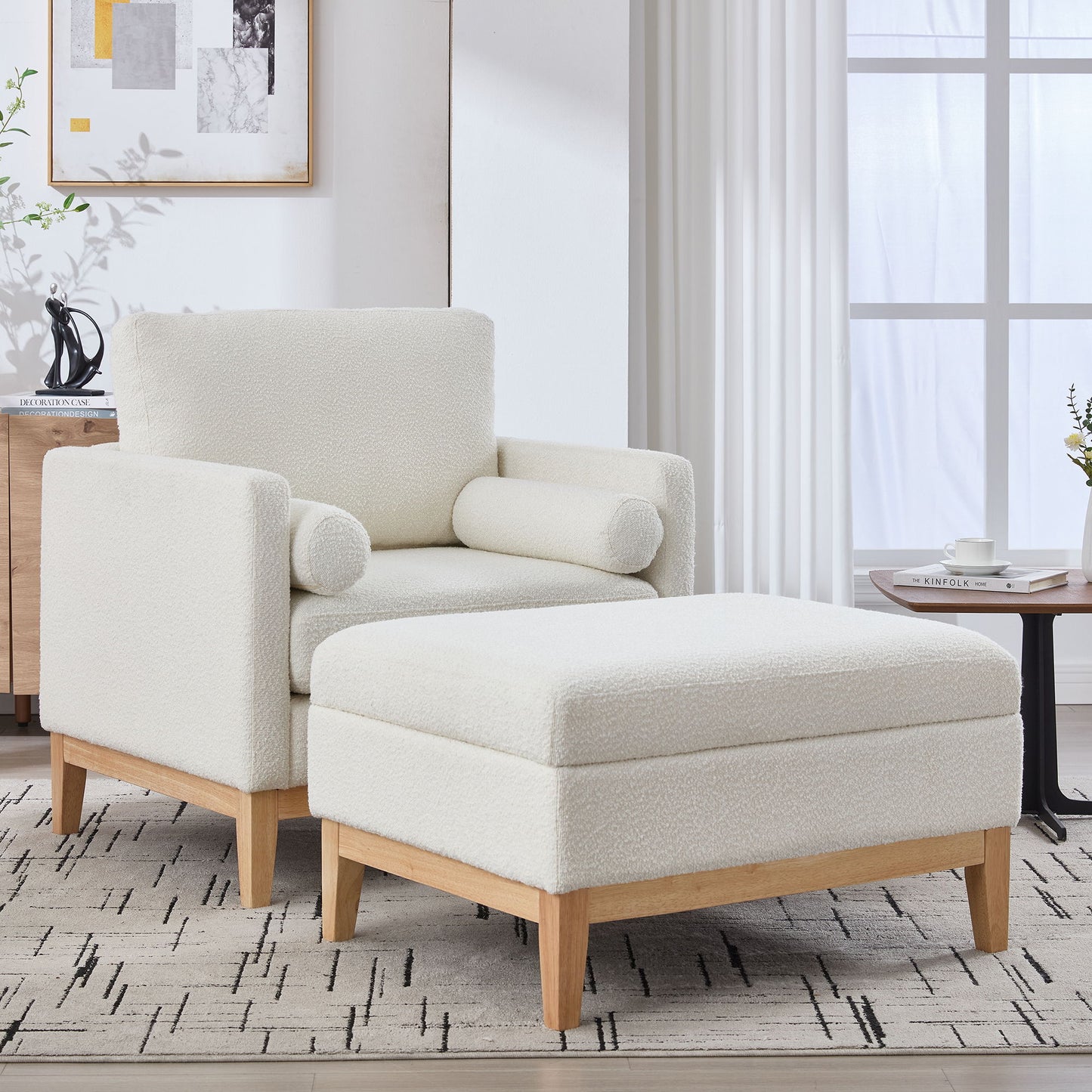 Oversized Swivel Barrel Accent Chair And Ottoman Set With Storage - Ivory