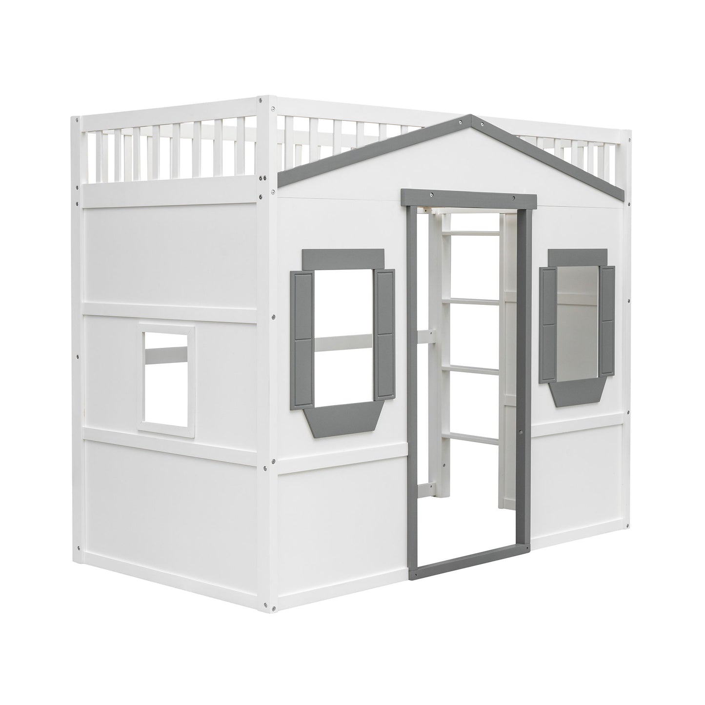 Twin Size House Loft Bed With Ladder - White / Gray