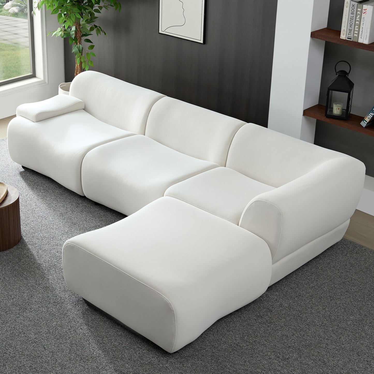 Strong Durable Fabric 4 Seat Sectional Sofa With High Density Sponge And Solid Wood Frame - White