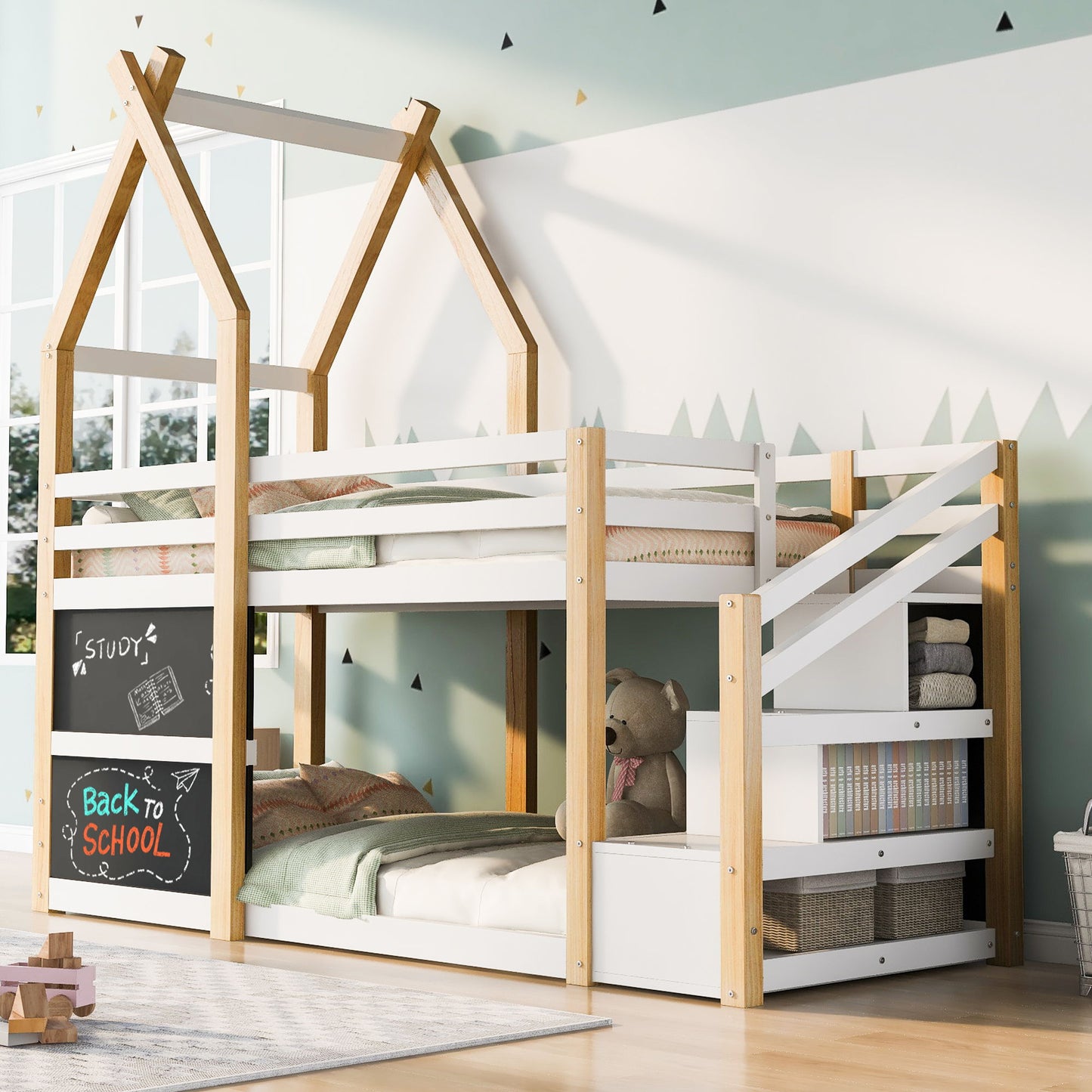 Twin Over Twin House Bunk Bed With White Storage Staircase And 2 Blackboards - White / Natural