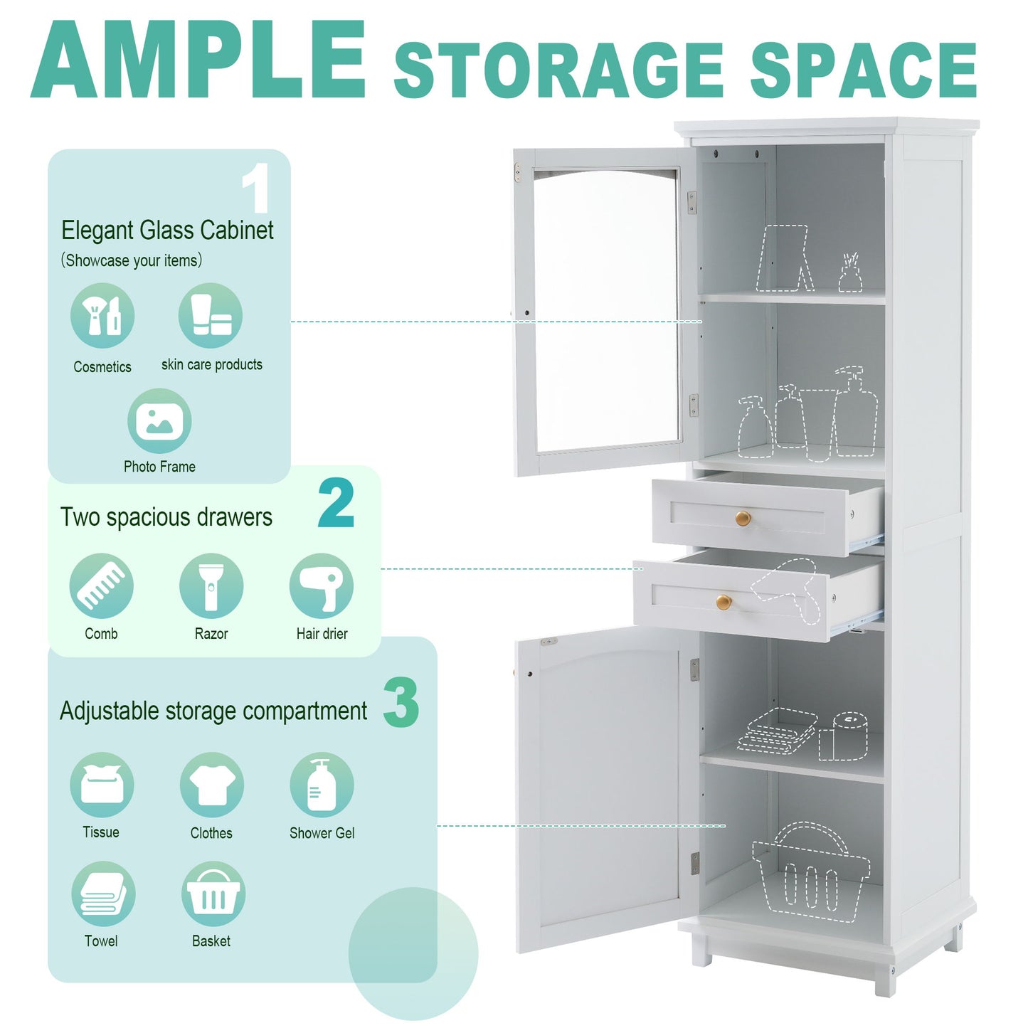 Tall Bathroom Storage Cabinet With Glass Doors, Free-Standing, Two Drawers, And Adjustable Shelves, MDF Board, Painted Perfect For Displaying Your Favorite Items - White