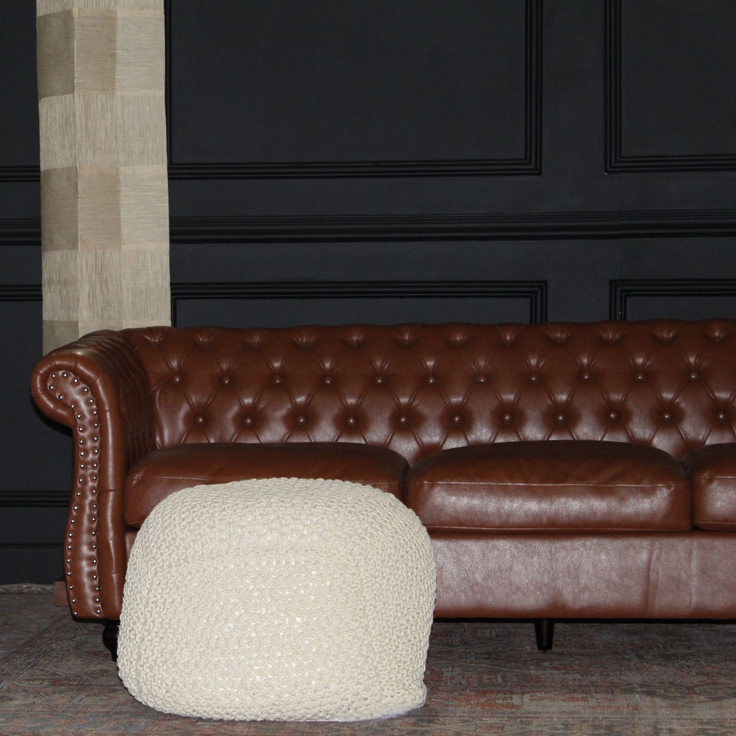 Semi Rounded Pouf Cable Knitted Handmade Seating And Footrest - Beige