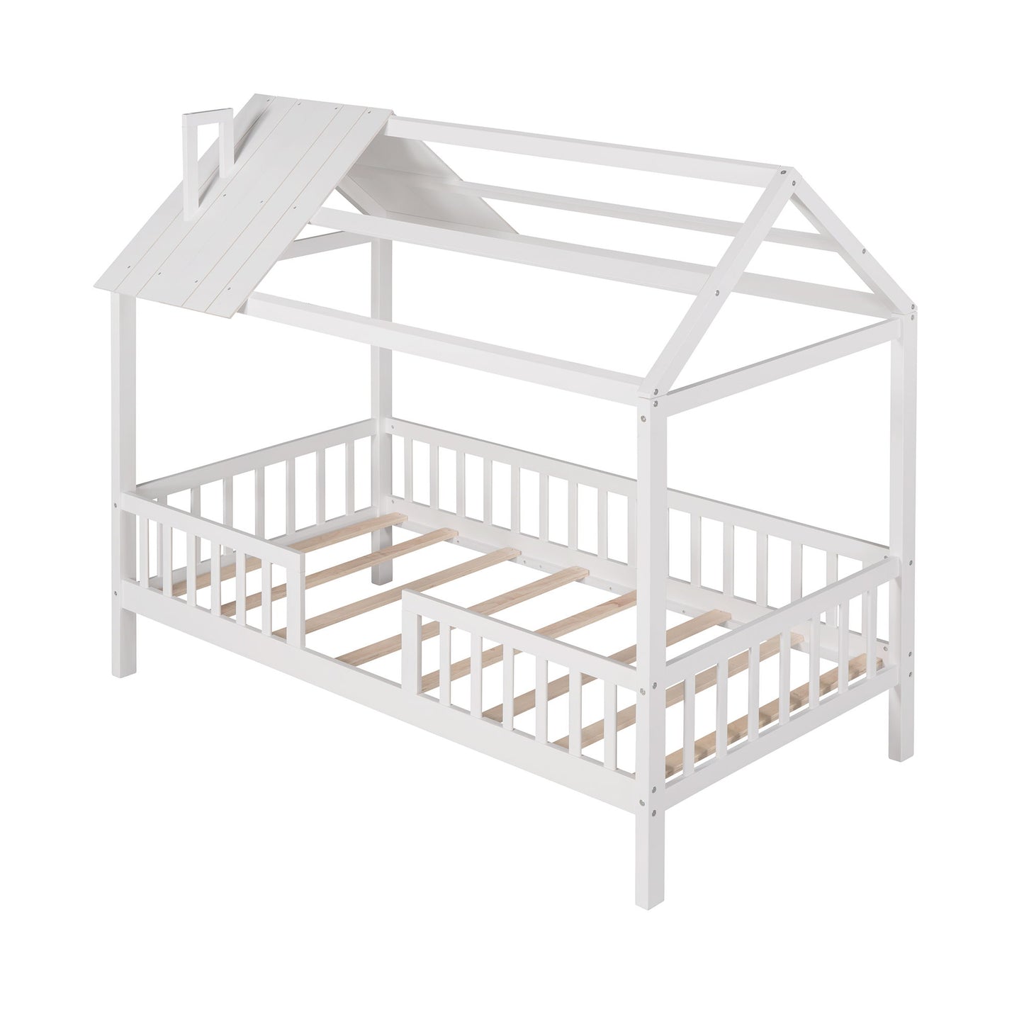 Twin Size House Bed With Fence - White