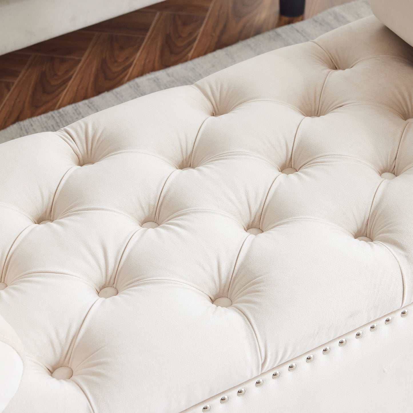 Storage Bench, Queen Velvet Button Bedside Bench, Entryway Living Room With Armrests, Nailhead Trim, Upholstered Bedroom Bench, Bedside Ottoman, Living Room, Entryway - Cream