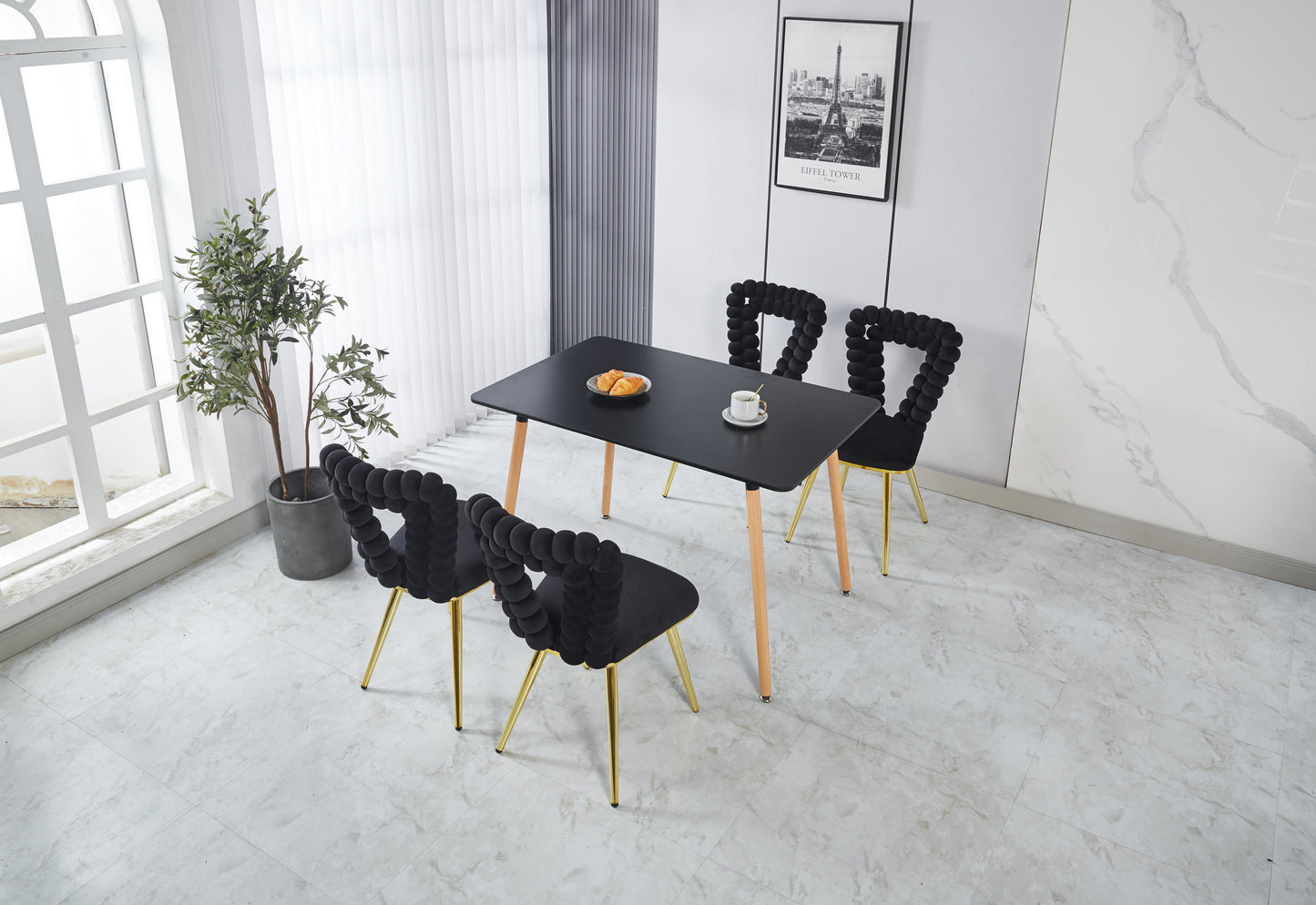 Modern Chair With Golden Iron Tube Legs - Black Soft Cushions And Comfortable Backrest, Suitable For Dining Room, Living Room, Cafe, Hairball Back (Set of 2) - Black