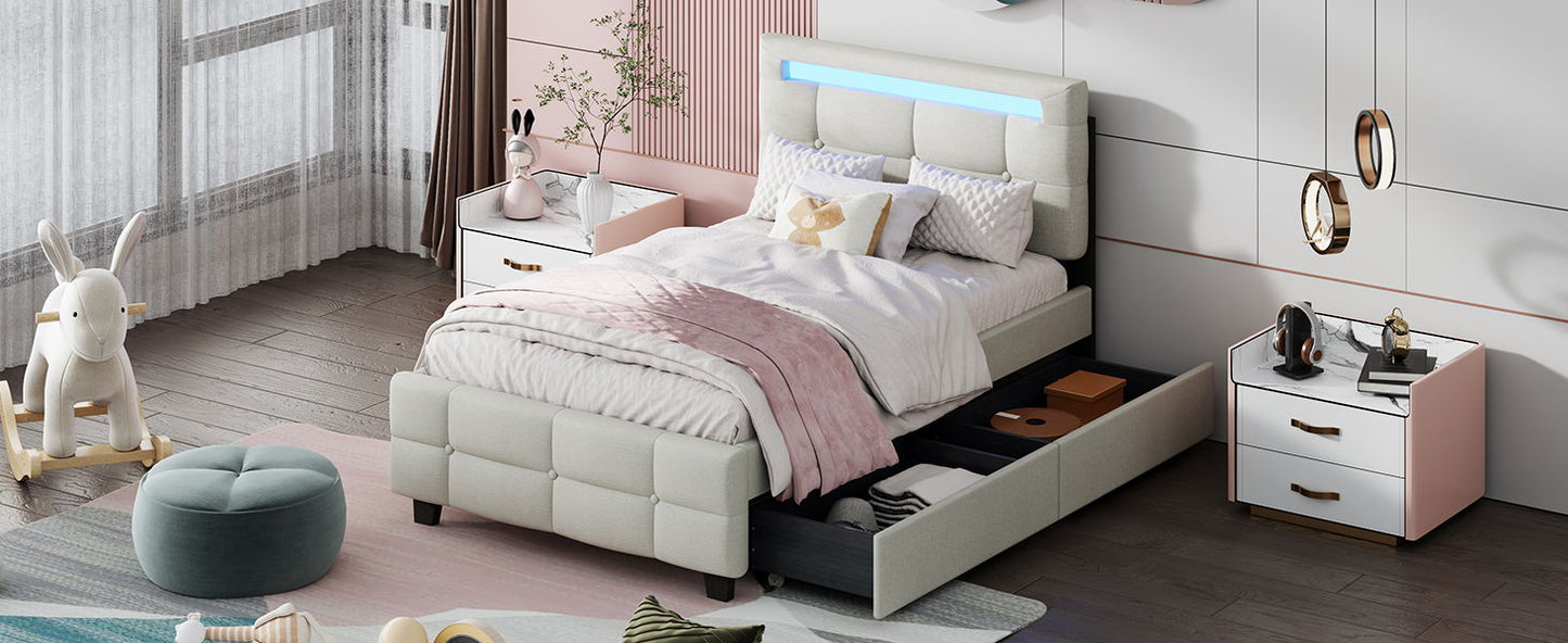 Twin Size Upholstered Platform Bed With LED Frame And 2 Drawers - Beige
