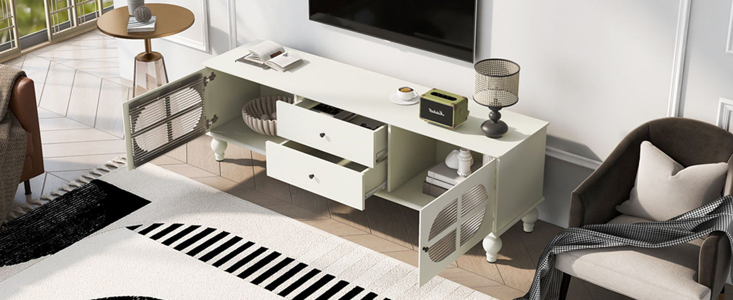 Modern TV Stand For TVs Up To 75", Entertainment Center Media Console With Fluted Glass Doors, 5 Solid Wood Legs For Living Room - Antique White