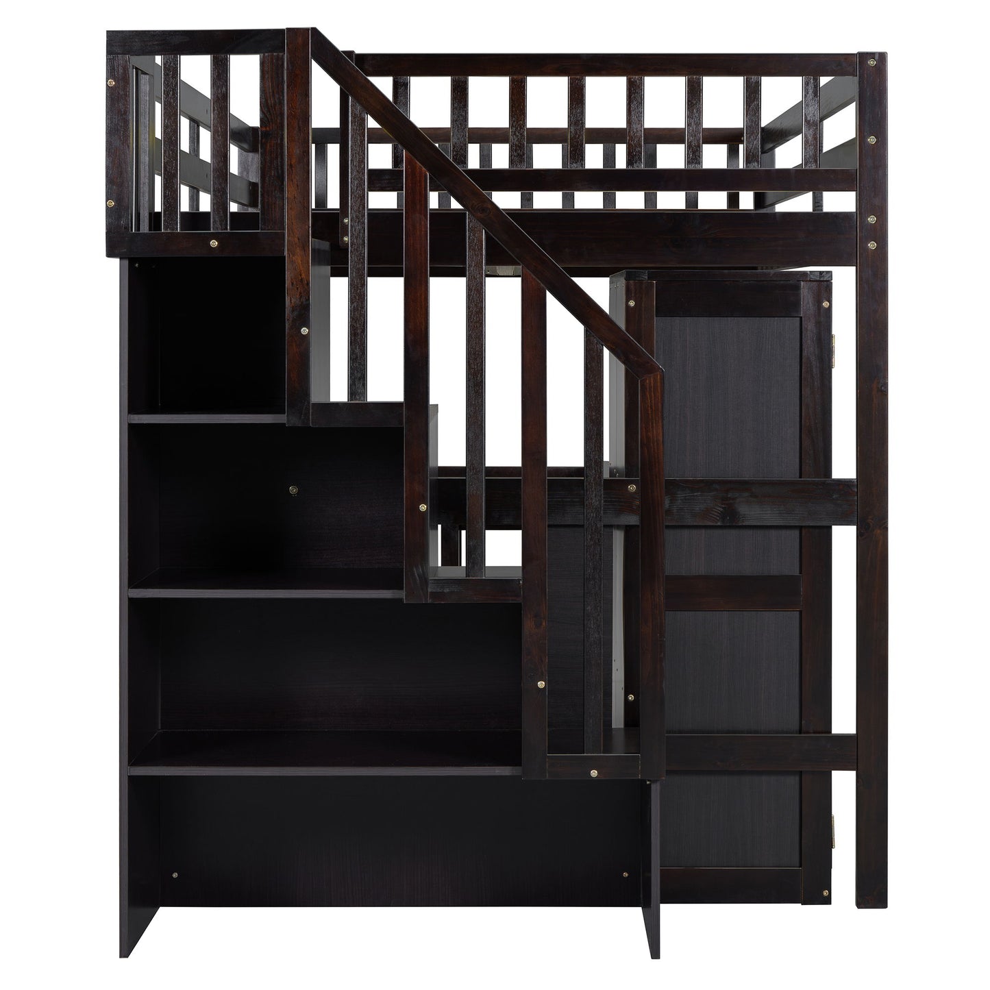Full Size Loft Bed With Stairs, Bookshelf, Drawers, Desk & Wardrobe, Space Saving Multifunctional Furniture - Espresso