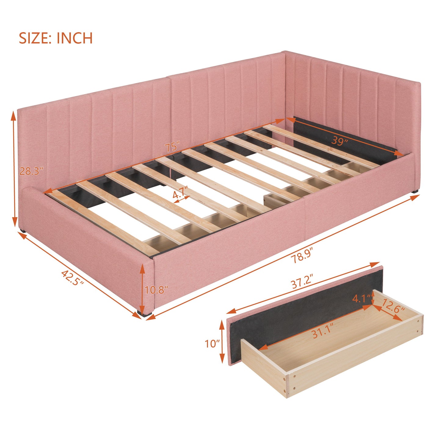 Twin Size Upholstered Daybed With 2 Storage Drawers, Sofa Bed Frame No Box Spring Needed - Pink