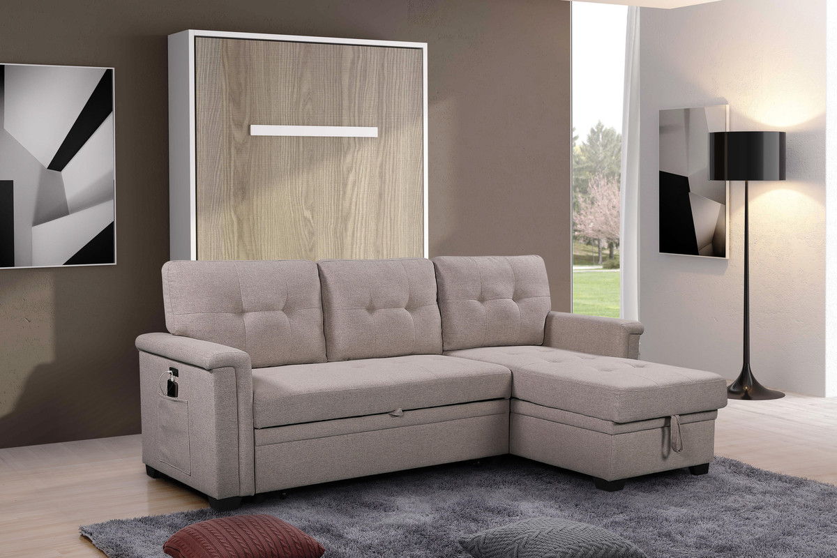 Ashlyn - Reversible Sleeper Sectional Sofa With Storage Chaise, USB Charging Ports And Pocket - Light Gray