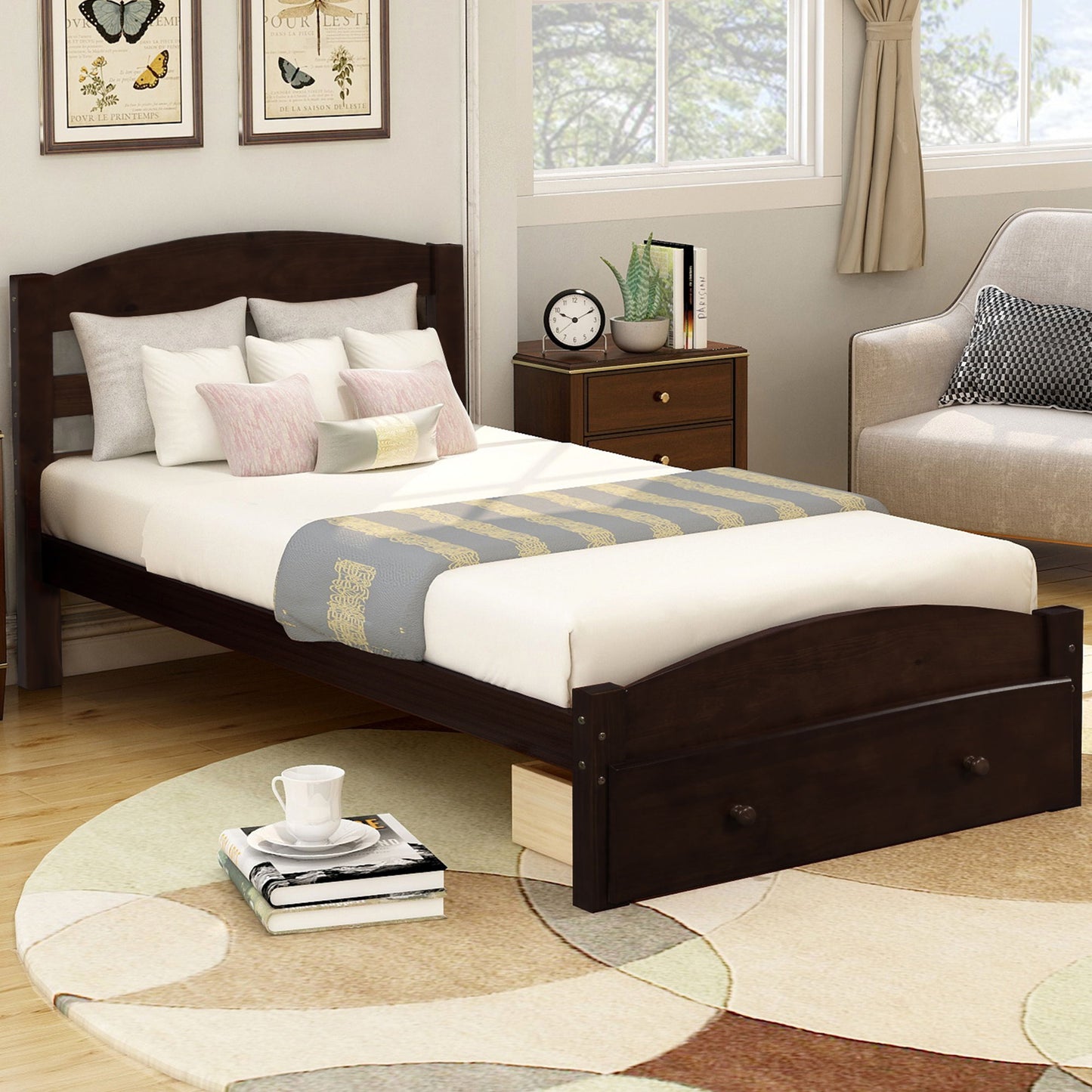 Twin Platform Bed Frame With Storage Drawer And Slat Support No Box Spring Needed - Espresso