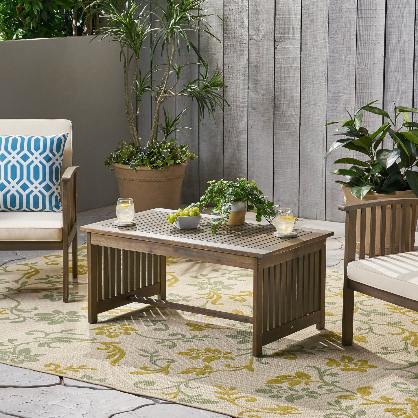 Acacia Wood Outdoor Coffee Table, Rectangular Patio Coffee Table For Outside - Gray