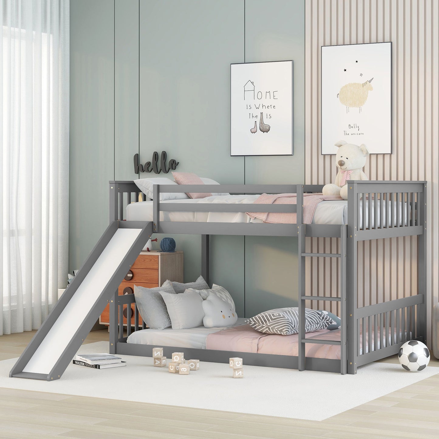 Full Over Full Bunk Bed With Slide And Ladder - Gray