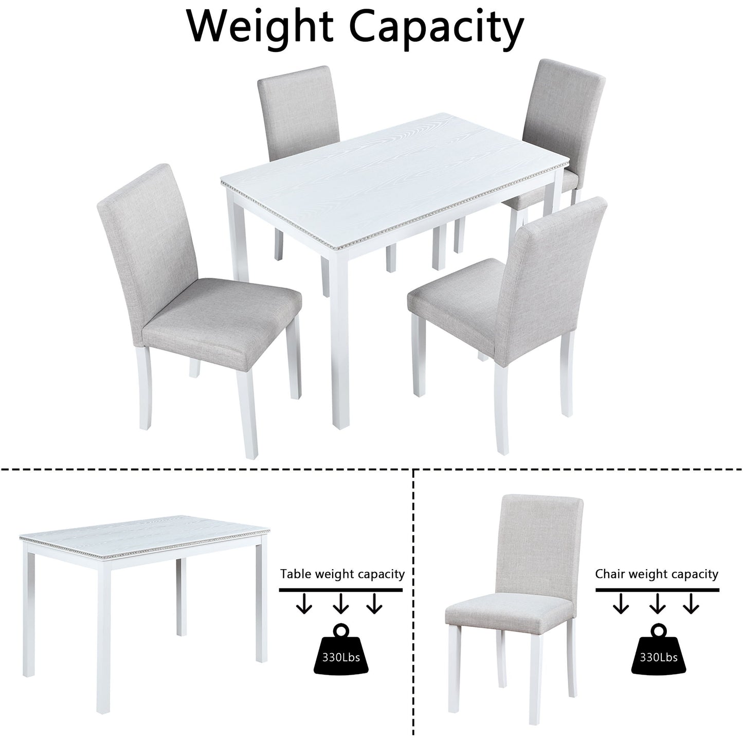 5 Piece Wooden Dining Table Set With Rectangular Table And 4 Upholstered Chairs Dining Room Set With Crystal Decoration For Kitchen Or Dining Room - Light Gray / White