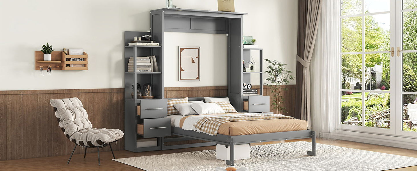 Full Size Murphy Wall Bed With Shelves, Drawers And LED Lights - Gray
