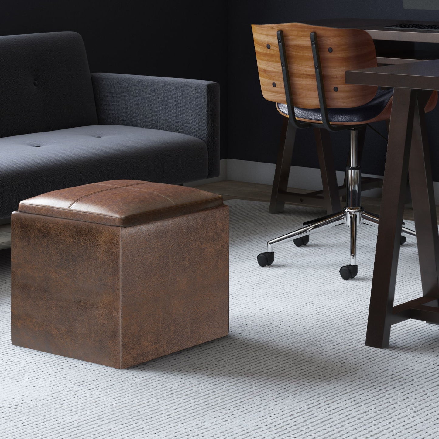 Rockwood - Cube Storage Ottoman With Tray - Distressed Brown