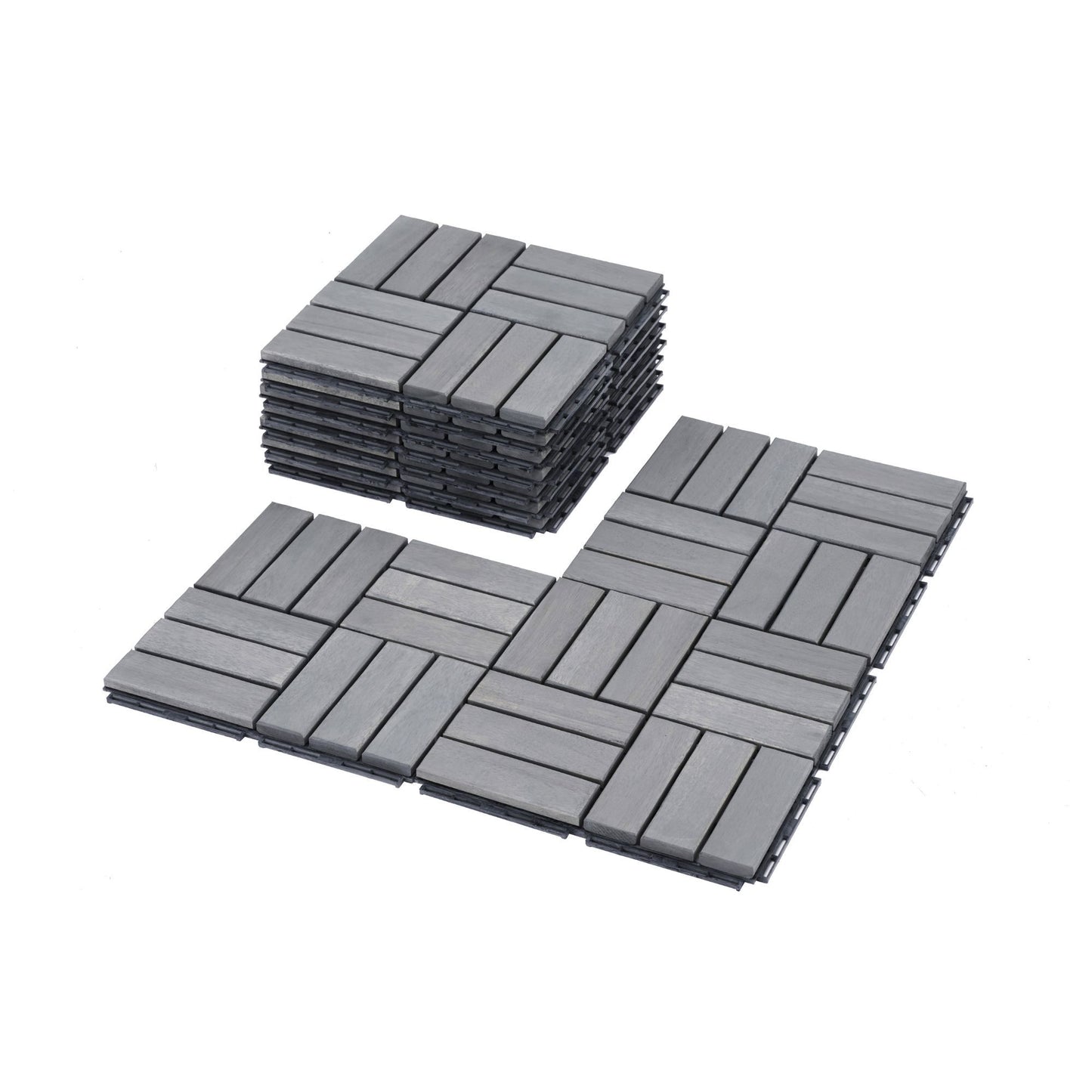 30 Piece Interlocking Deck Tiles Checker Pattern, Square Acacia Hardwood Outdoor Flooring For Patio, Bancony, Pool Side - Light Gray