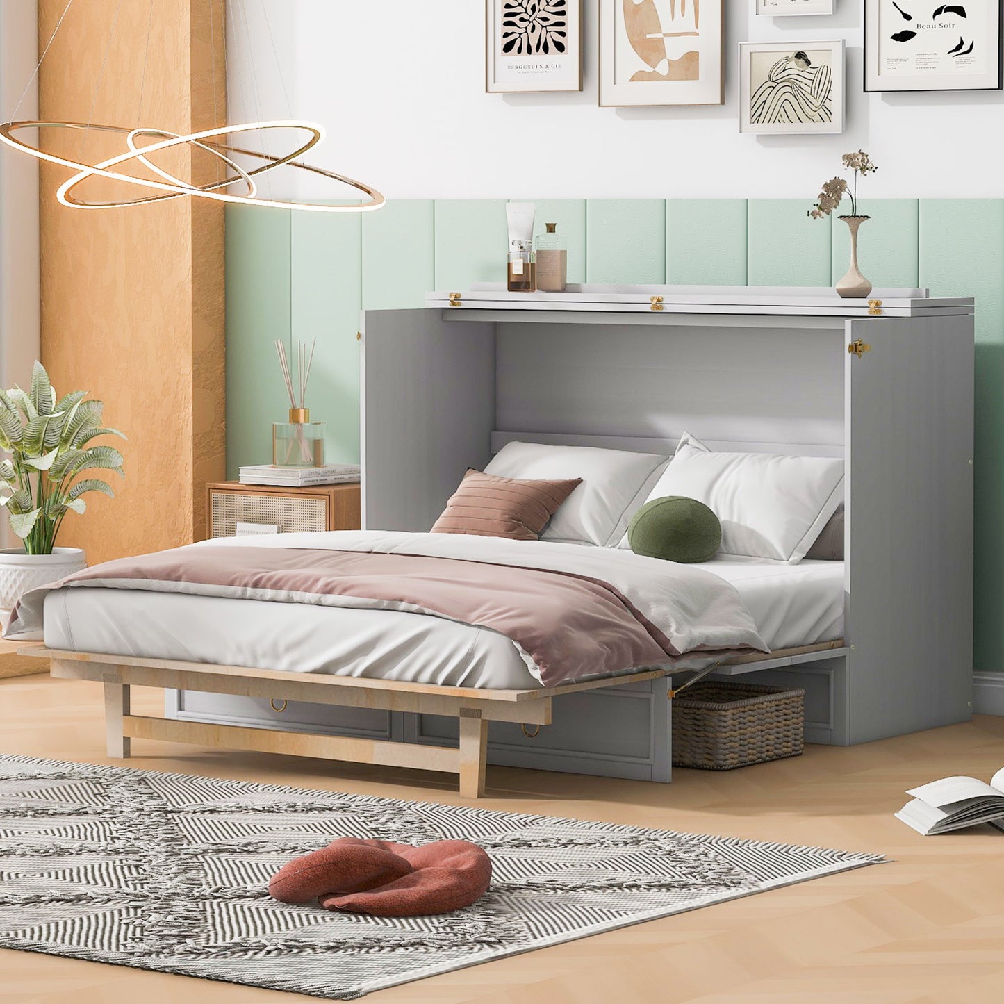 Queen Murphy Bed Elegantly Designed With Large Drawers - White