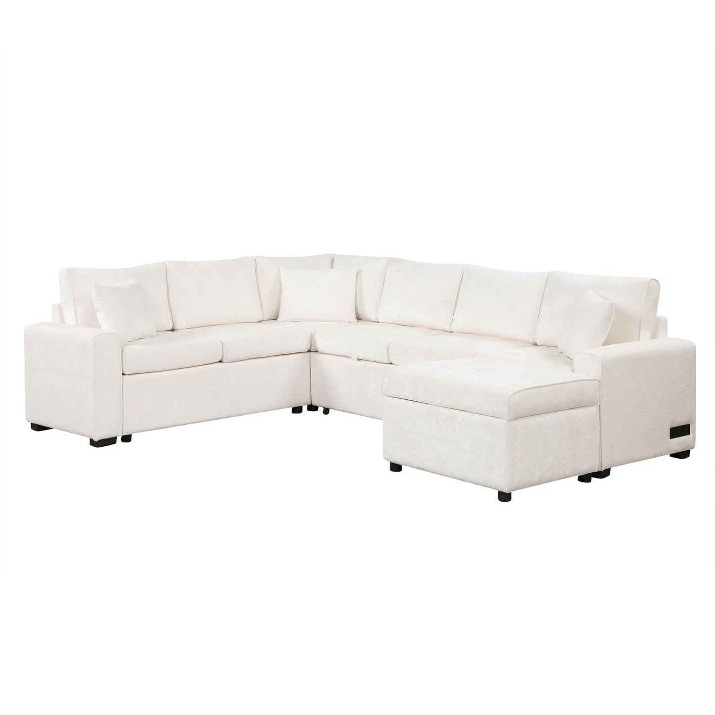 Sectional Sofa Pull-Out Sofa Bed Sleeper With A Storage Ottoman, Three Pillows And Charging Devices For Living Room - Cream