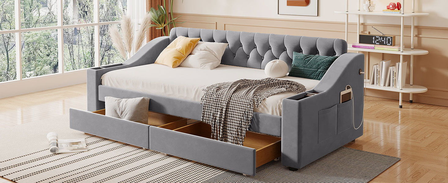 Twin Size Upholstered Daybed With Storage Armrests And USB Port - Gray