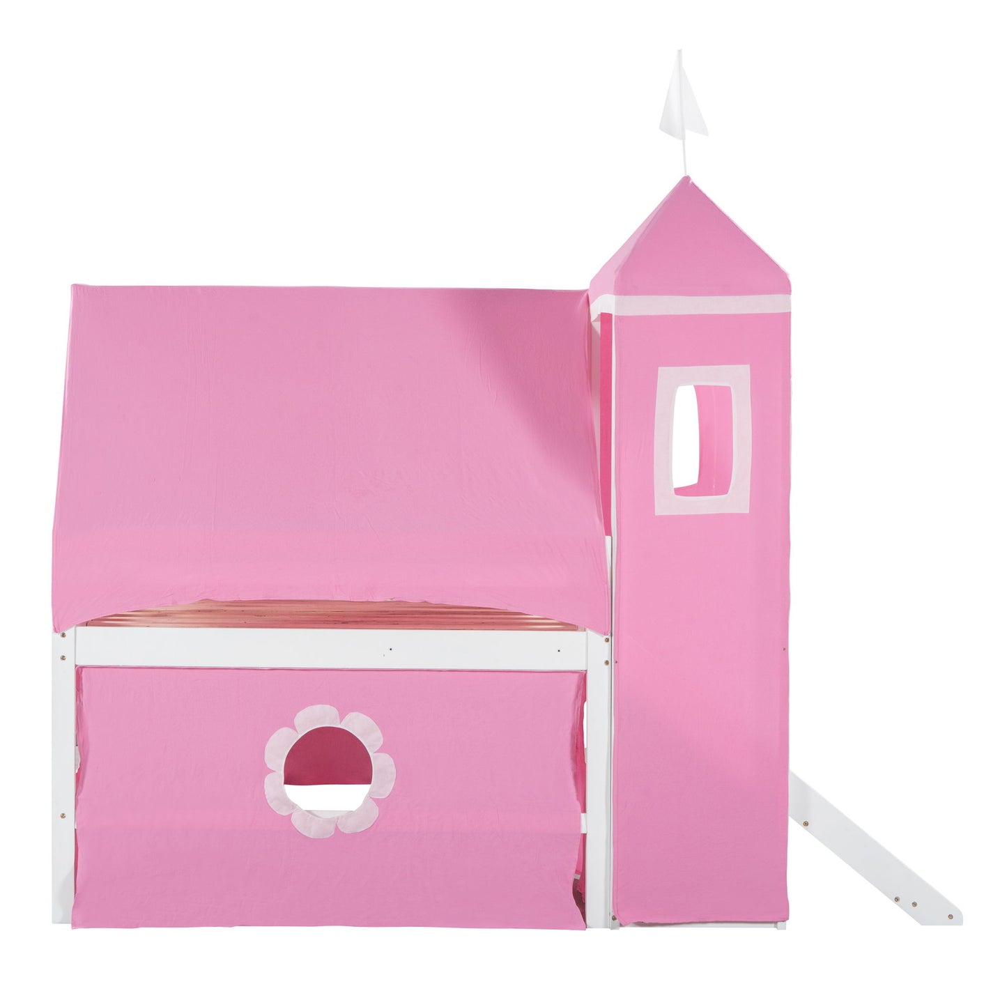 Full Size Loft Bed With Slide And Tent Tower Space Saving Fun Design For Kids - Pink