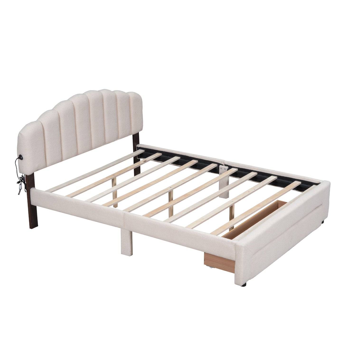 Queen Size Upholstered Platform Bed With Drawer - Beige