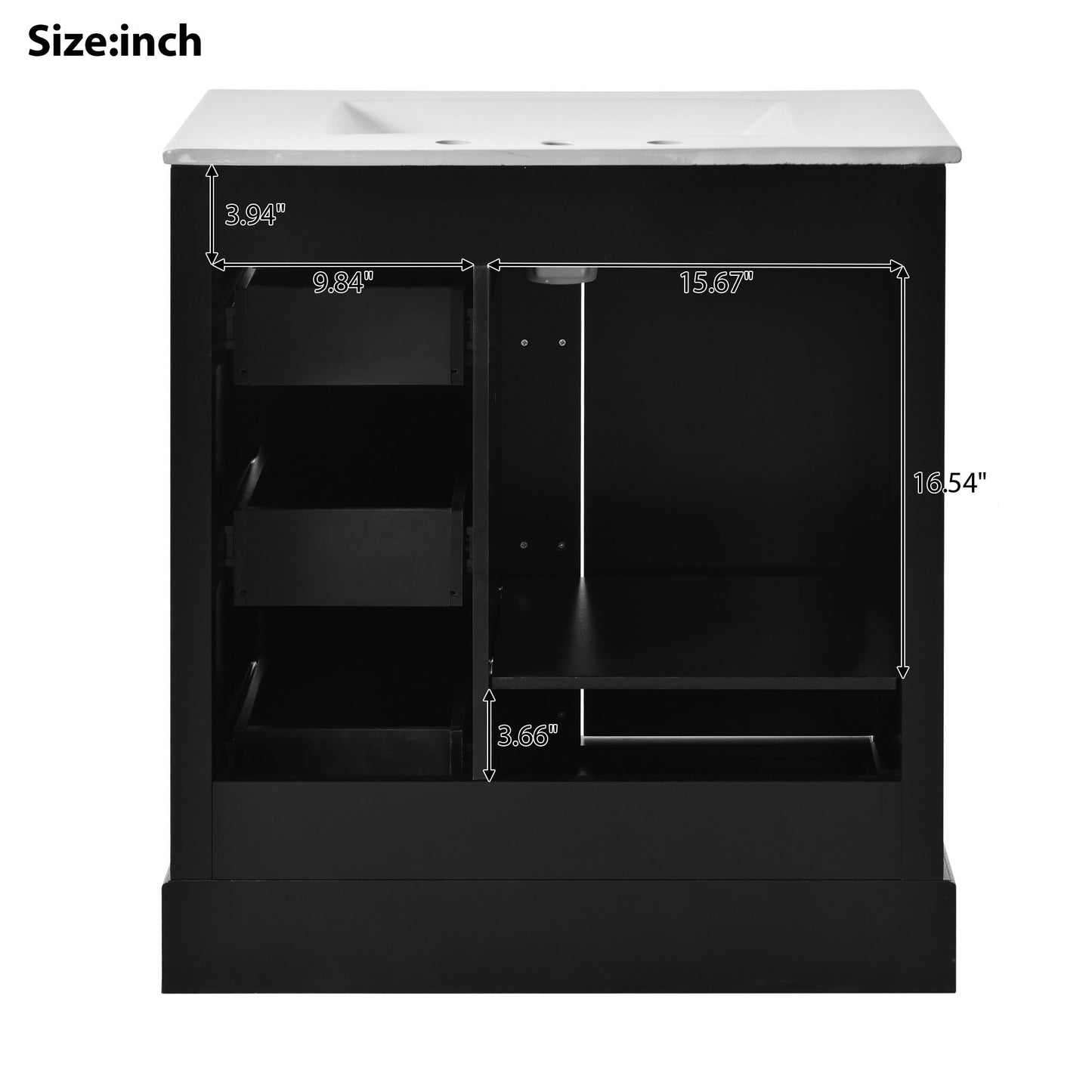 Bathroom Vanity Cabinet With Ceramic Basin, 3 Drawers And Adjustable Shelves - Black