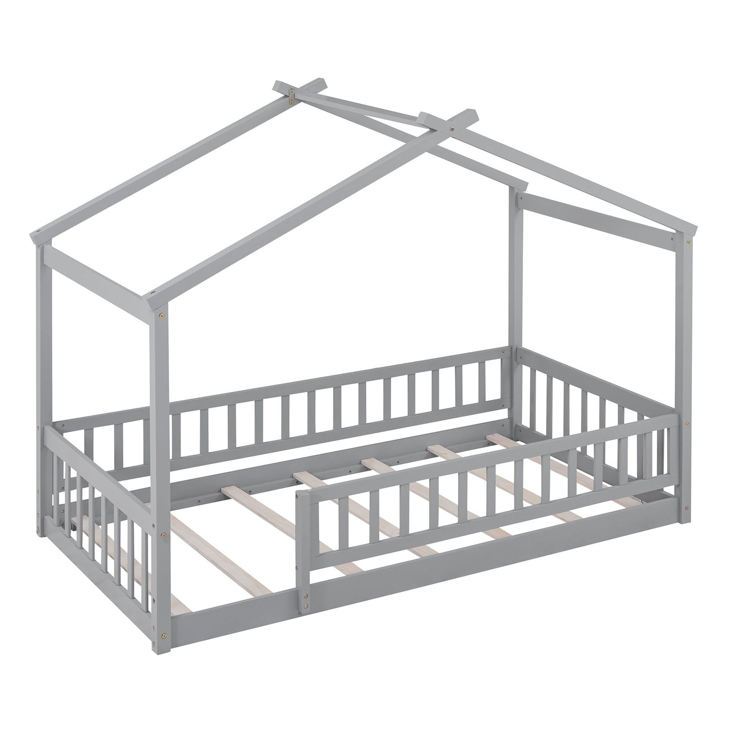 Twin Size Bed House Bed Frame With Fence - Gray