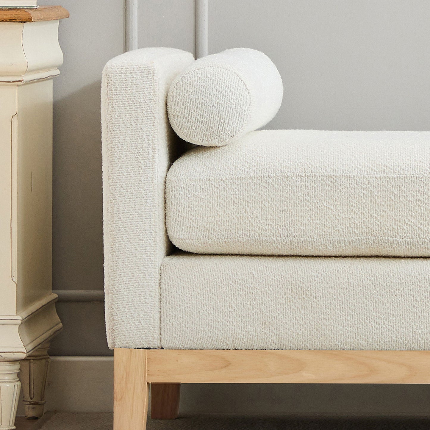 Elegant Upholstered Bench Daybed Ottoman With Nature Wood Legs & Bolster Pillows - Ivory Boucle