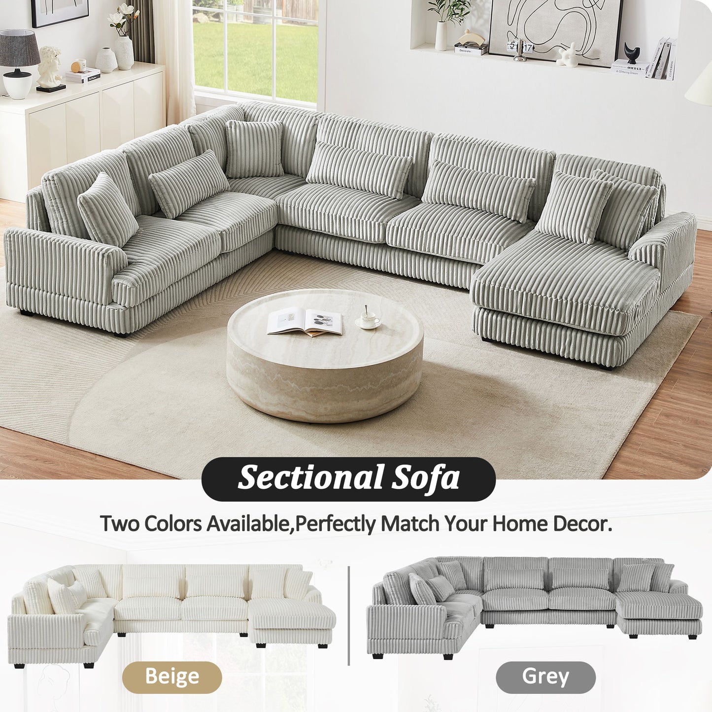 Oversized Sectional Sofa U - Shaped Sofa Couch Modern Sofa Upholstered In Soft Corduroy With A Chaise Lounge For Living Room - Gray